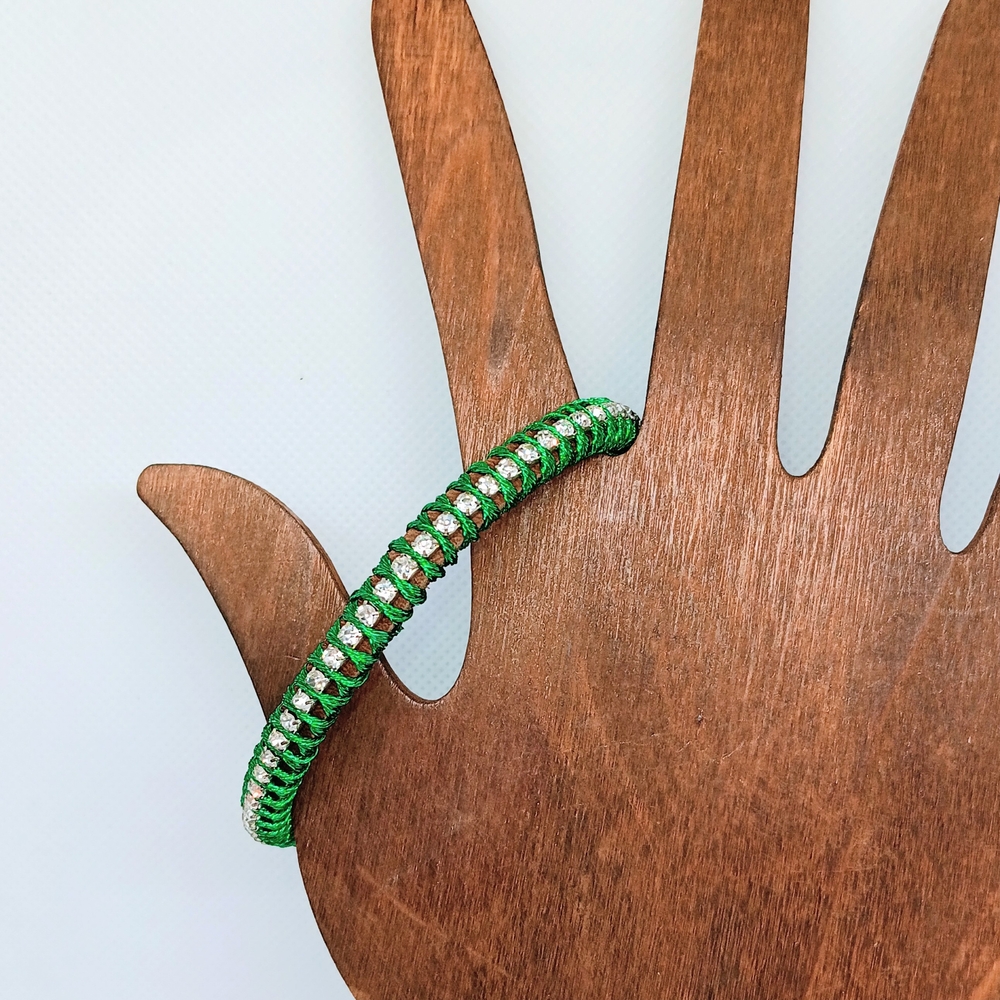 HANDMADE Leather Bracelet with Metallic Green Cord Wrapped Rhinestone Chain